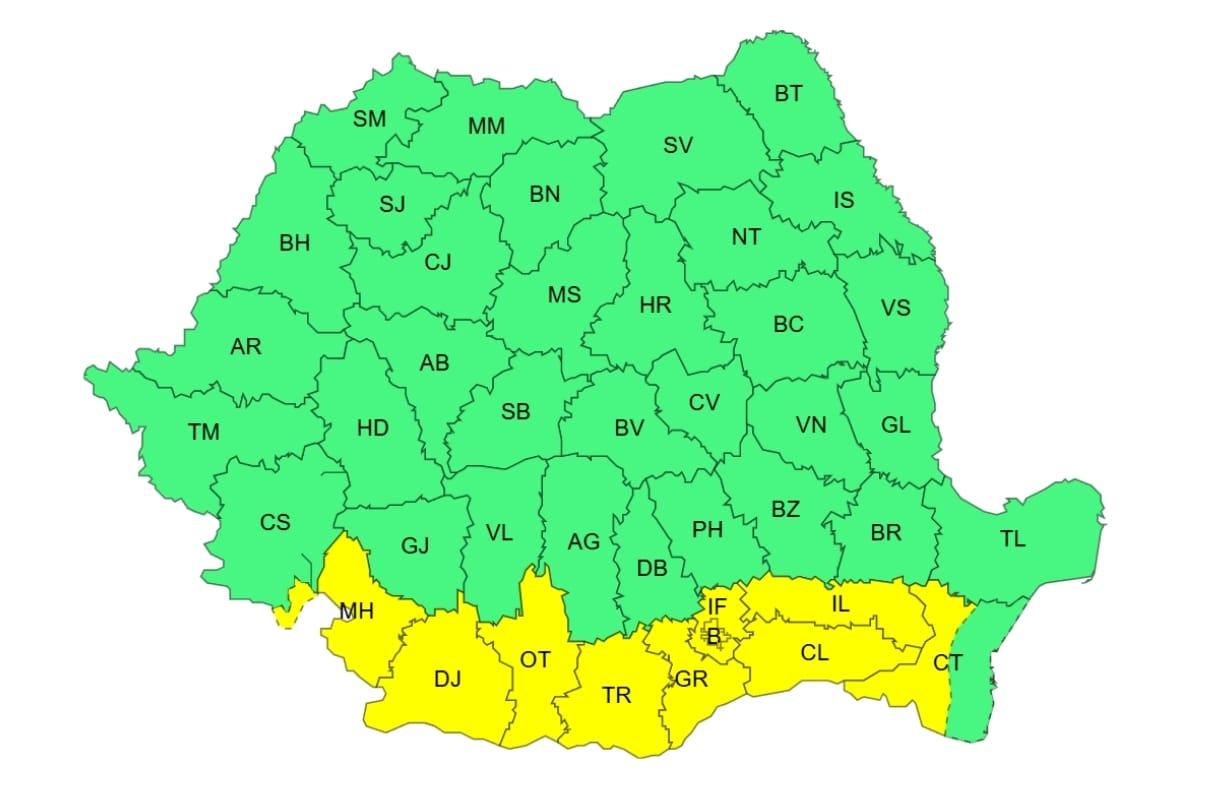Harta județelor afectate de codul galben de caniculă