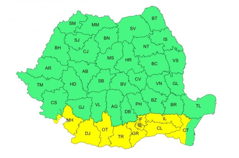 Harta județelor afectate de codul galben de caniculă Harta județelor afectate de codul galben de caniculă