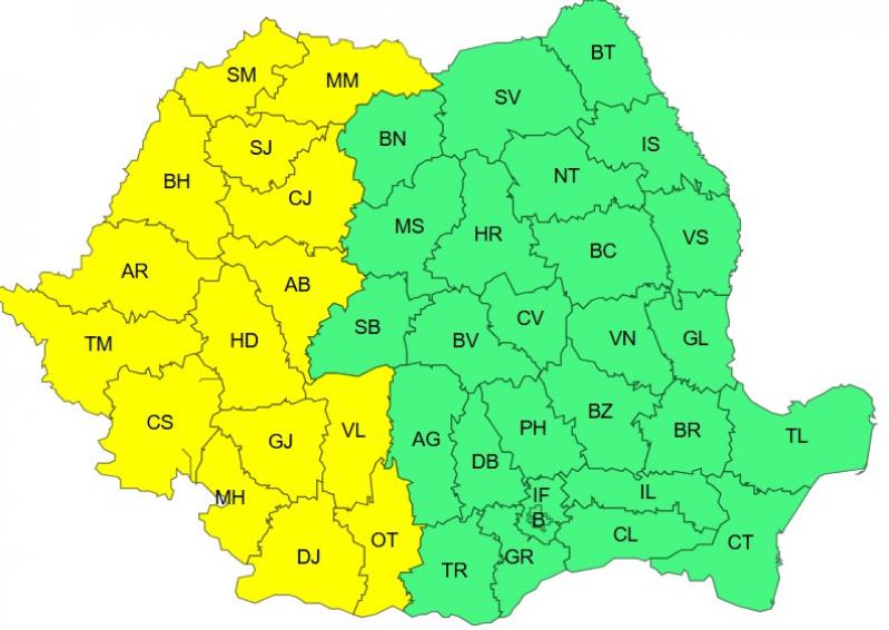 Harta județelor afectate de codul galben de caniculă Harta județelor afectate de codul galben de caniculă