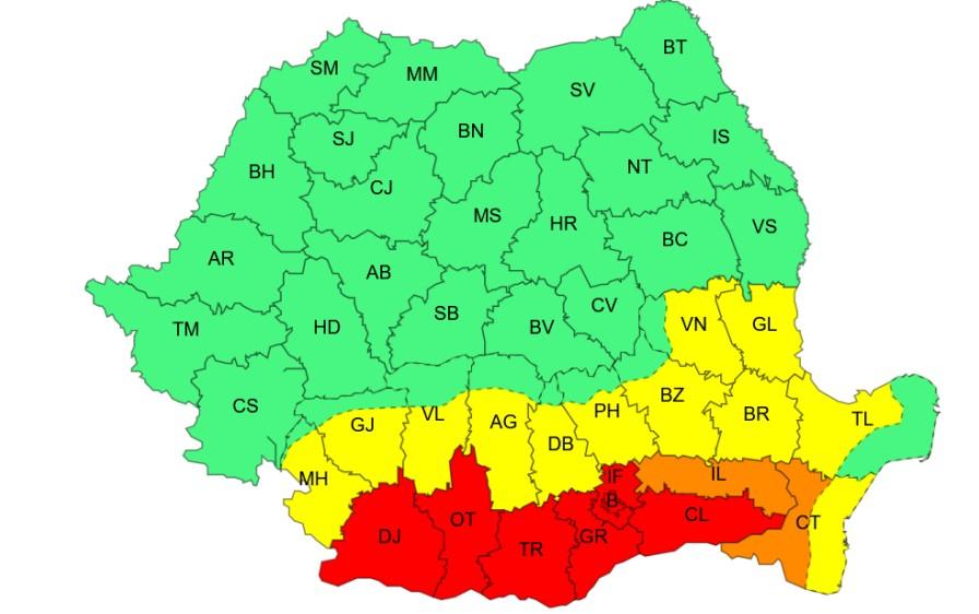 Harta județelor afectate de codurile galben, portocaliu și roșu de caniculă
