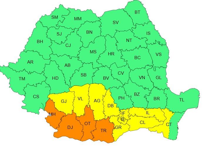 Harta județelor afectate de codurile galben și portocaliu de caniculă