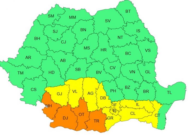 Harta județelor afectate de codurile galben și portocaliu de caniculă Harta județelor afectate de codurile galben și portocaliu de caniculă