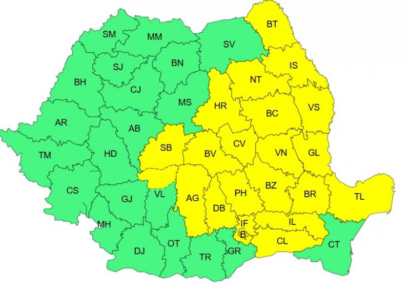Harta județelor afectate de codul galben de vreme severă Harta județelor afectate de codul galben de vreme severă