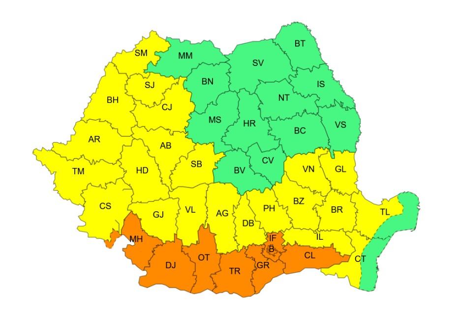 Harta județelor afectate de codurile galben și portocaliu de caniculă