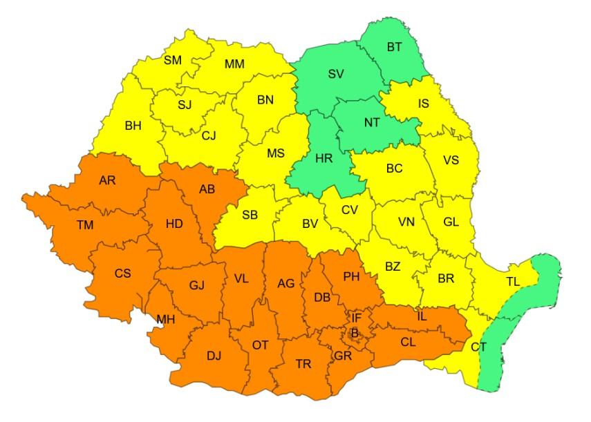 Harta județelor afectate de codurile galben și portocaliu de caniculă