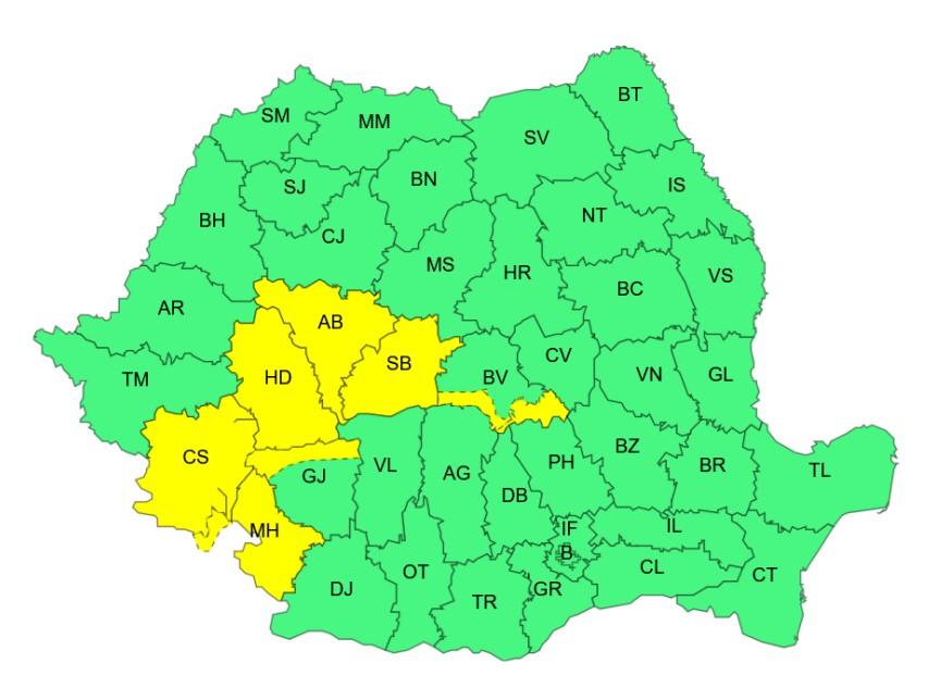Harta județelor afectate de codul galben de vreme severă