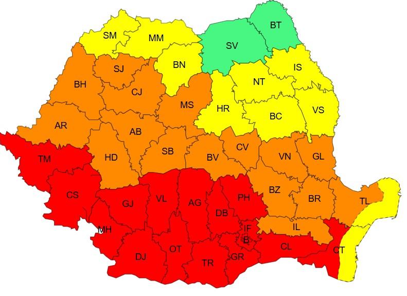 Harta județelor afectate de codurile roșu, galben și portocaliu de caniculă