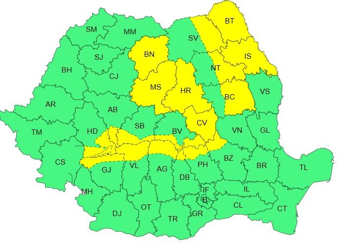 Harta județelor afectate de codul galben de vreme severă