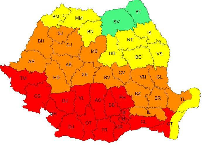 Harta județelor afectate de codurile galben, portocaliu şi roşu de caniculă