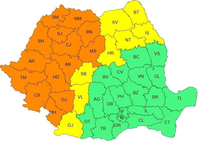Harta județelor afectate de codurile galben şi portocaliu de vreme severă