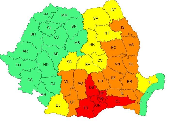Harta județelor afectate de codurile galben, portocaliu şi roşu de caniculă