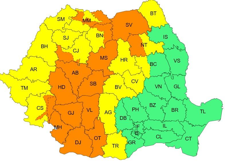 Harta județelor afectate de codurile galben și portocaliu de vreme severă