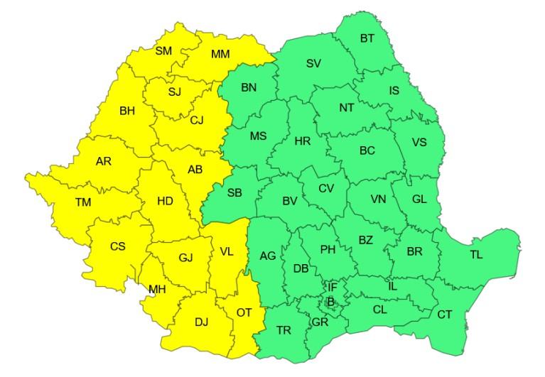 Harta județelor afectate de codul galben de caniculă