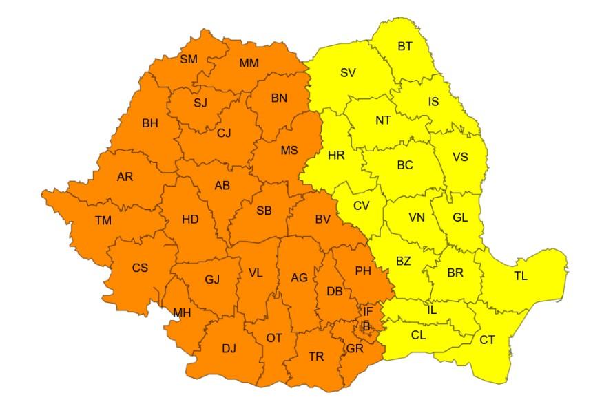 Harta județelor afectate de codurile galben și portocaliu de caniculă