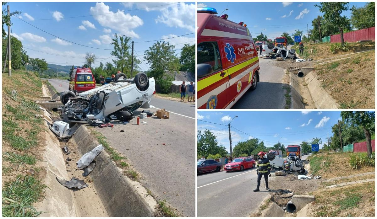 La un pas de moarte, după ce un cauciuc a explodat iar maşina s-a răsturnat. Patru persoane au ajuns la spital