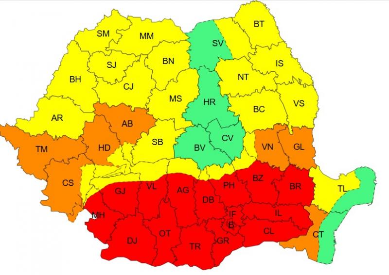 Harta județelor afectate de codurile de caniculă Harta județelor afectate de codurile de caniculă