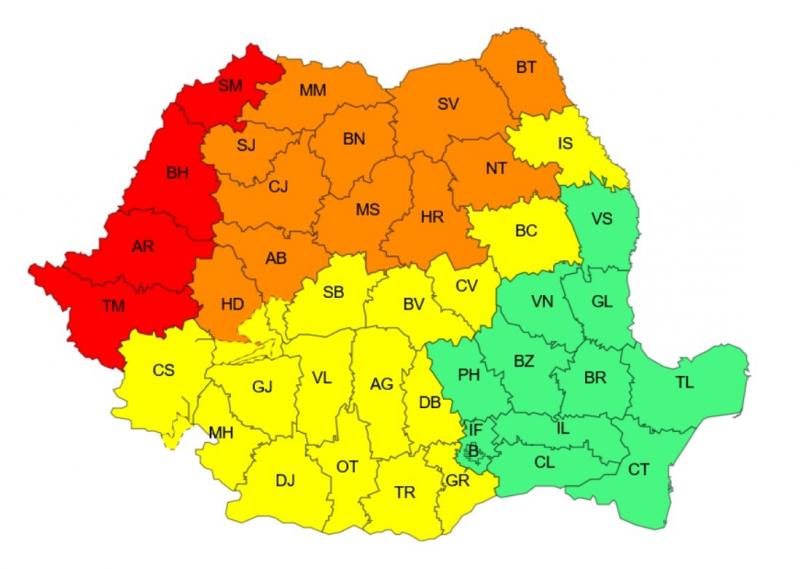 Patru judeţe intră sub cod roşu de vijelii puternice până la ora 20