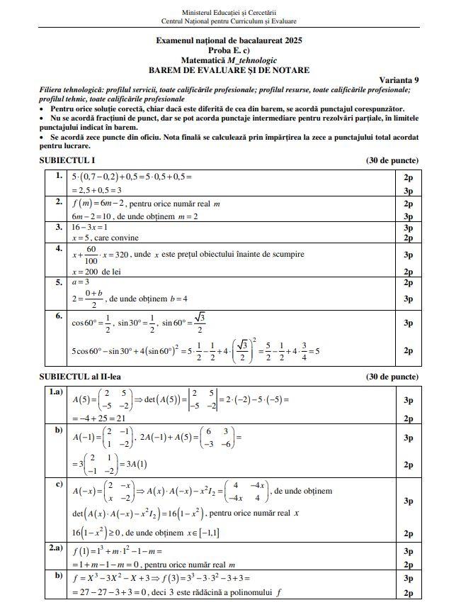 Barem de corectare Bacalaureat toamnă 2025 - matematică. Cum trebuiau rezolvate subiectele