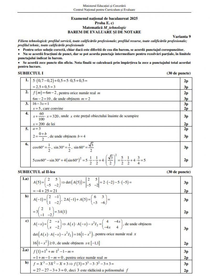 Barem de corectare Bacalaureat toamnă 2025 - matematică. Cum trebuiau rezolvate subiectele Barem de corectare Bacalaureat toamnă 2025 - matematică. Cum trebuiau rezolvate subiectele