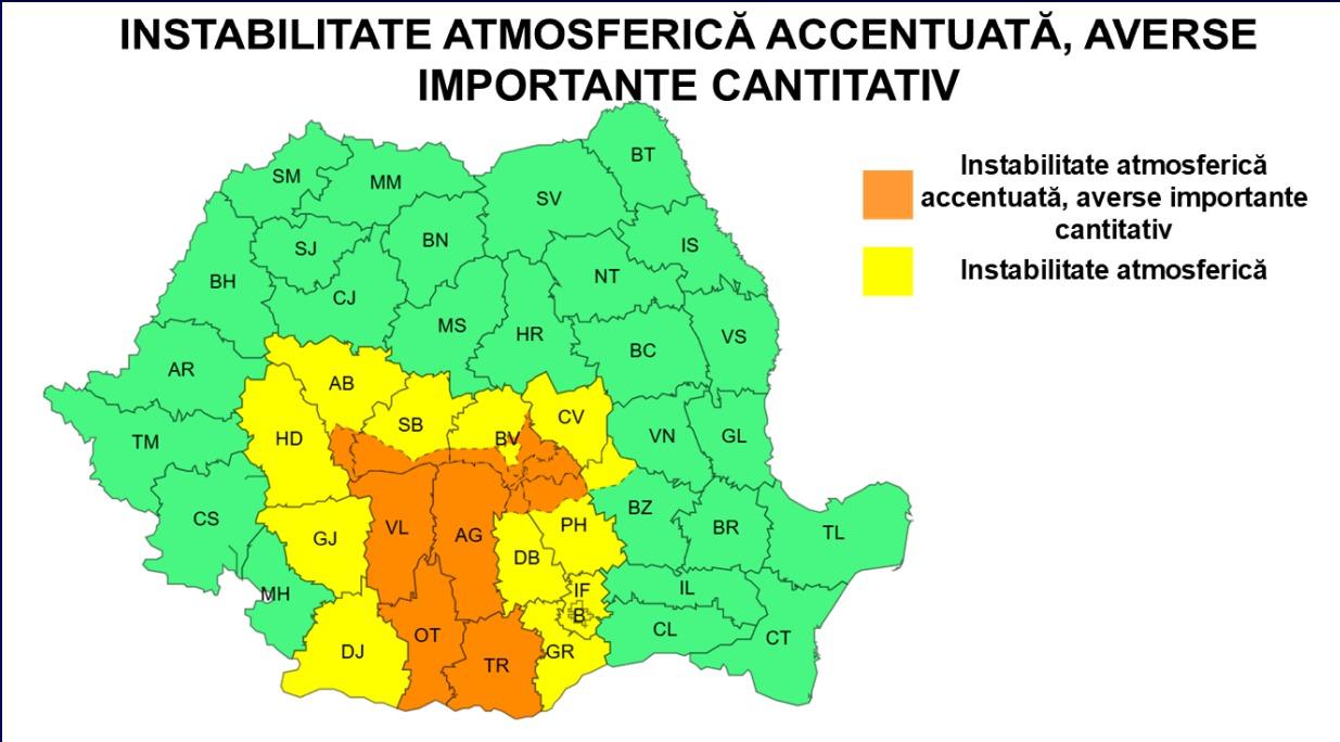 HARTĂ. Alertă de vreme rea în 15 judeţe şi în Capitală