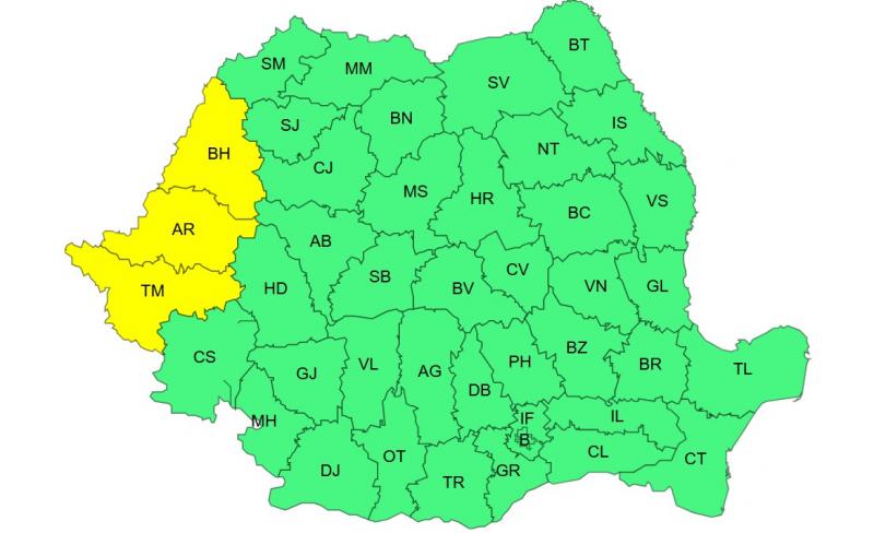 Harta județelor afectate de codul galben de caniculă Harta județelor afectate de codul galben de caniculă