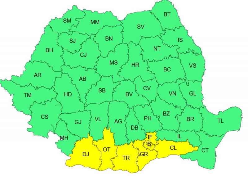 Harta județelor afectate de codul galben de caniculă Harta județelor afectate de codul galben de caniculă