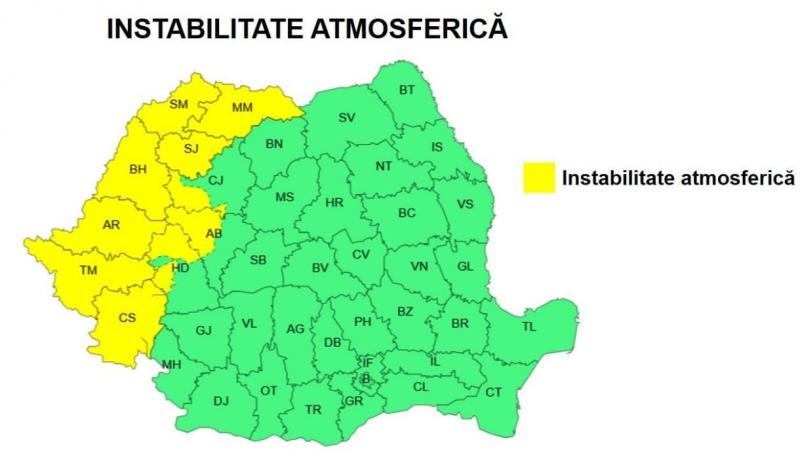 10 judeţe intră sub cod galben de ploi şi vijelii până mâine. 4 judeţe, sub cod galben de caniculă 10 judeţe intră sub cod galben de ploi şi vijelii până mâine. 4 judeţe, sub cod galben de caniculă
