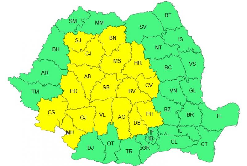 Harta județelor afectate de codul galben de vreme severă Harta județelor afectate de codul galben de vreme severă