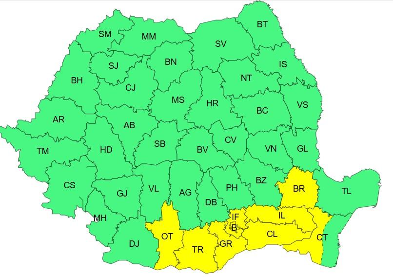 Harta județelor afectate de codul galben de caniculă