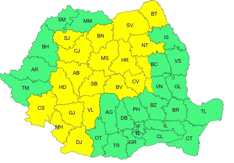 Harta județelor afectate de codul galben de vreme severă