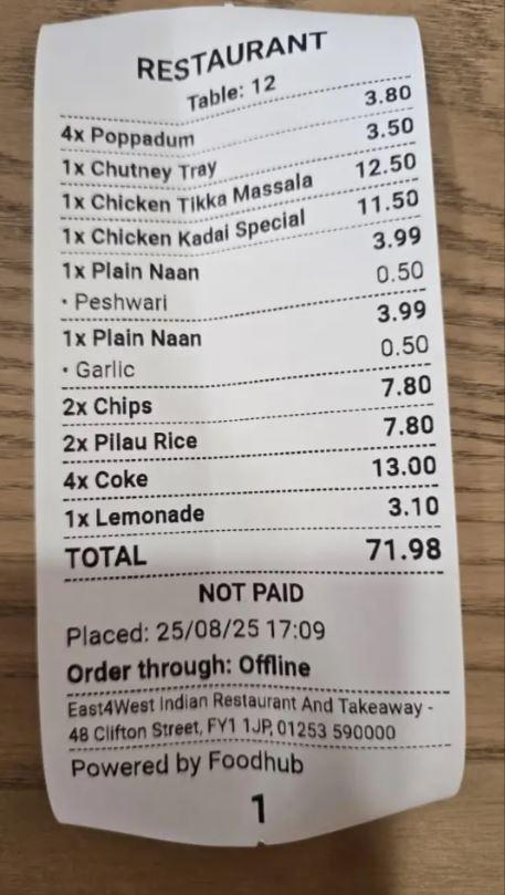 Nota de plată era de aproape 72 de lire sterline