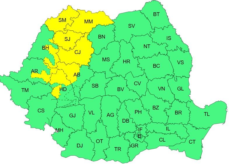 Harta județelor afectate de codul galben de vreme severă
