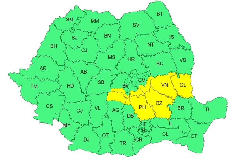 Harta județelor afectate de codul galben de vreme severă