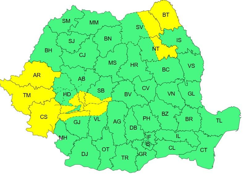 Harta județelor afectate de codul galben de vreme severă