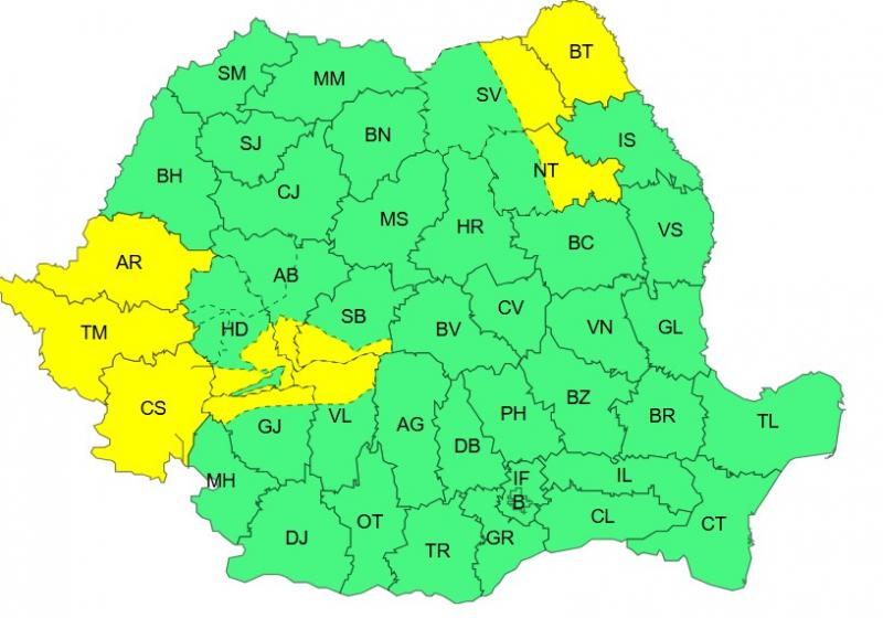 Harta județelor afectate de codul galben de vreme severă Harta județelor afectate de codul galben de vreme severă