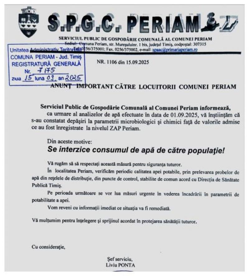 Locuitorii unei comune din Timiş, anunţaţi că apa nu mai este potabilă. De două săptămâni. Adresă oficială Primăria Periam