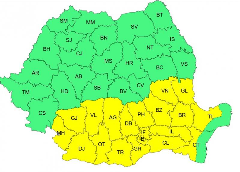 Harta județelor afectate de codul galben de caniculă Harta județelor afectate de codul galben de caniculă
