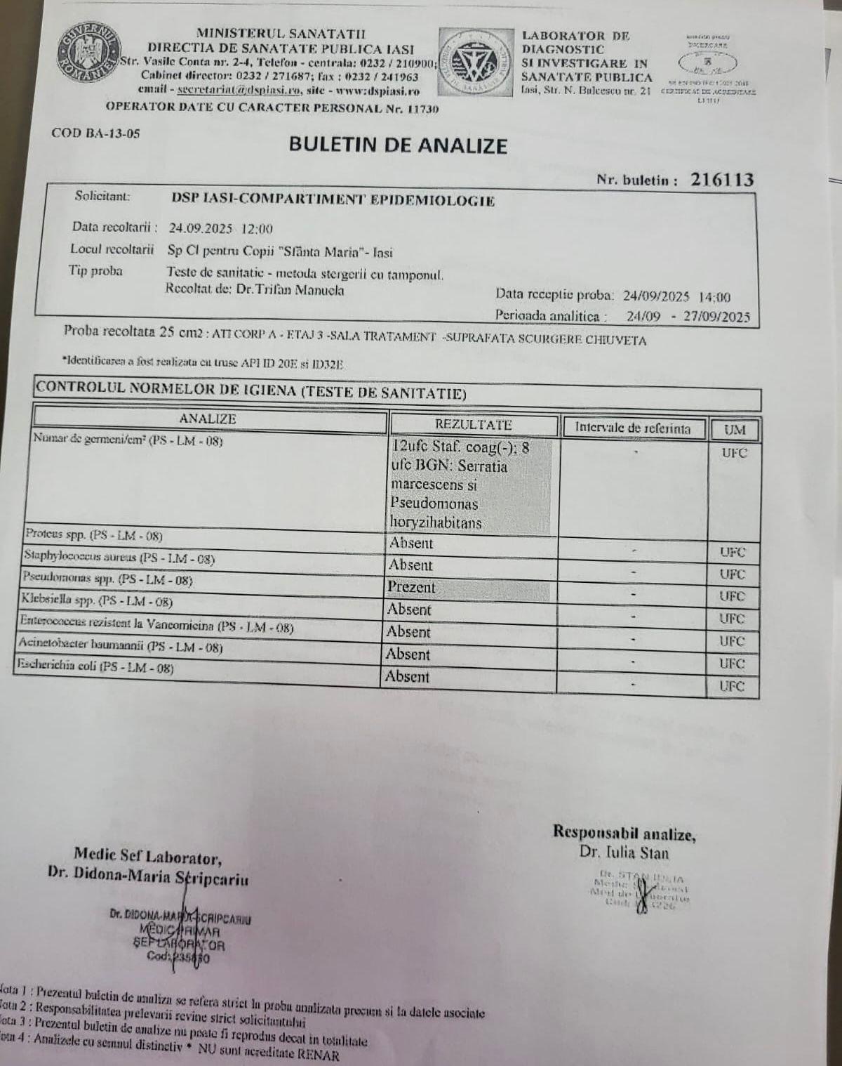 Bacteria Serratia, găsită în scurgerea unei chiuvete de la ATI a spitalului "Sfânta Maria" din Iași