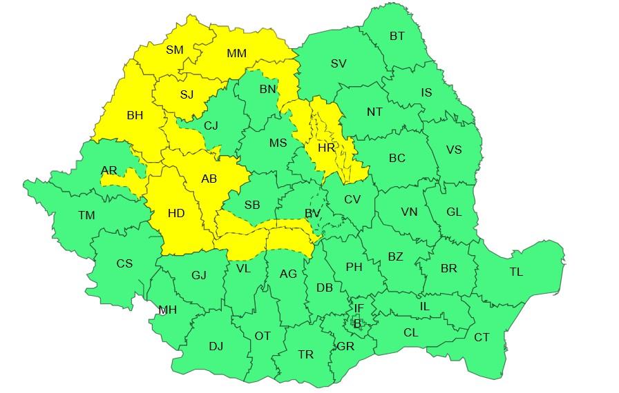 Harta județelor afectate de codul galben de vreme severă