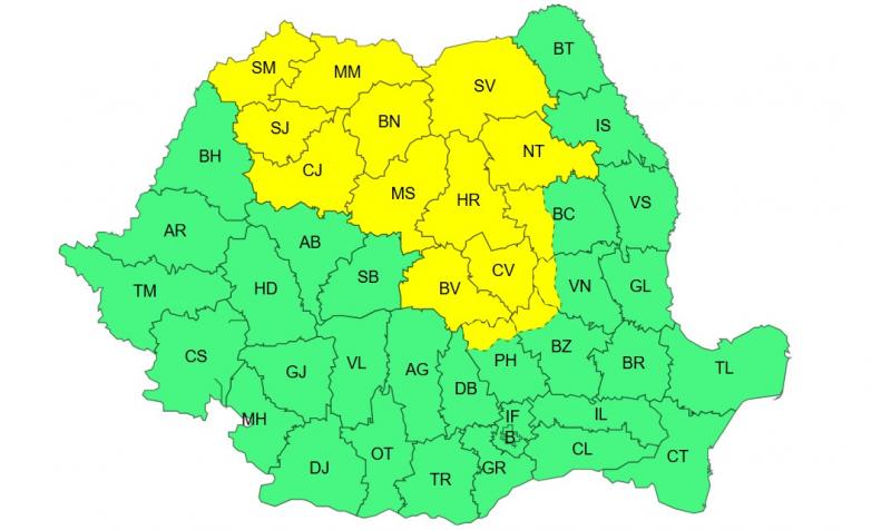 Harta județelor afectate de codul galben de vreme severă
