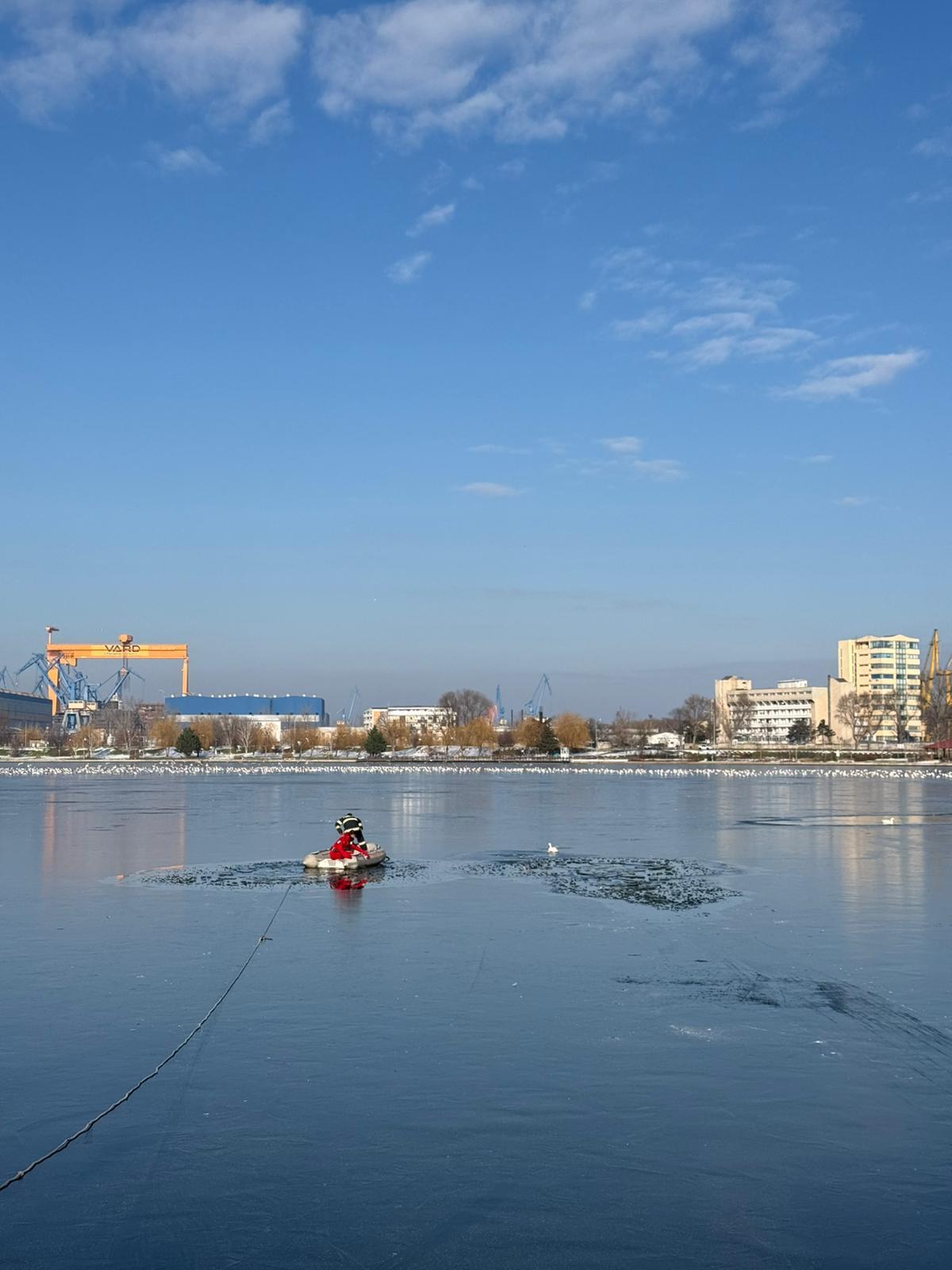 Misiune atipică în Tulcea. Pompierii au salvat o raţă blocată în gheaţă