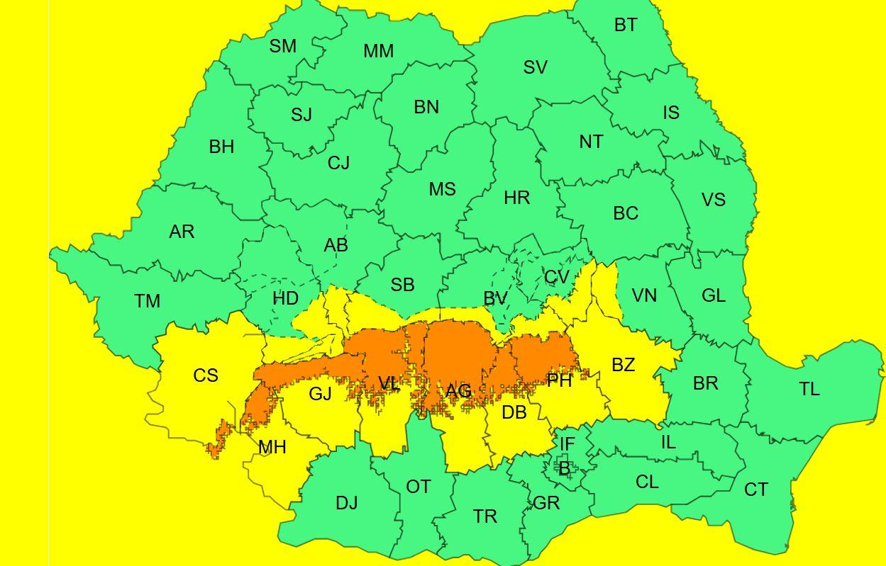Şase județe intră sub avertizare de cod portocaliu de ploi torențiale și viscol până marți seară