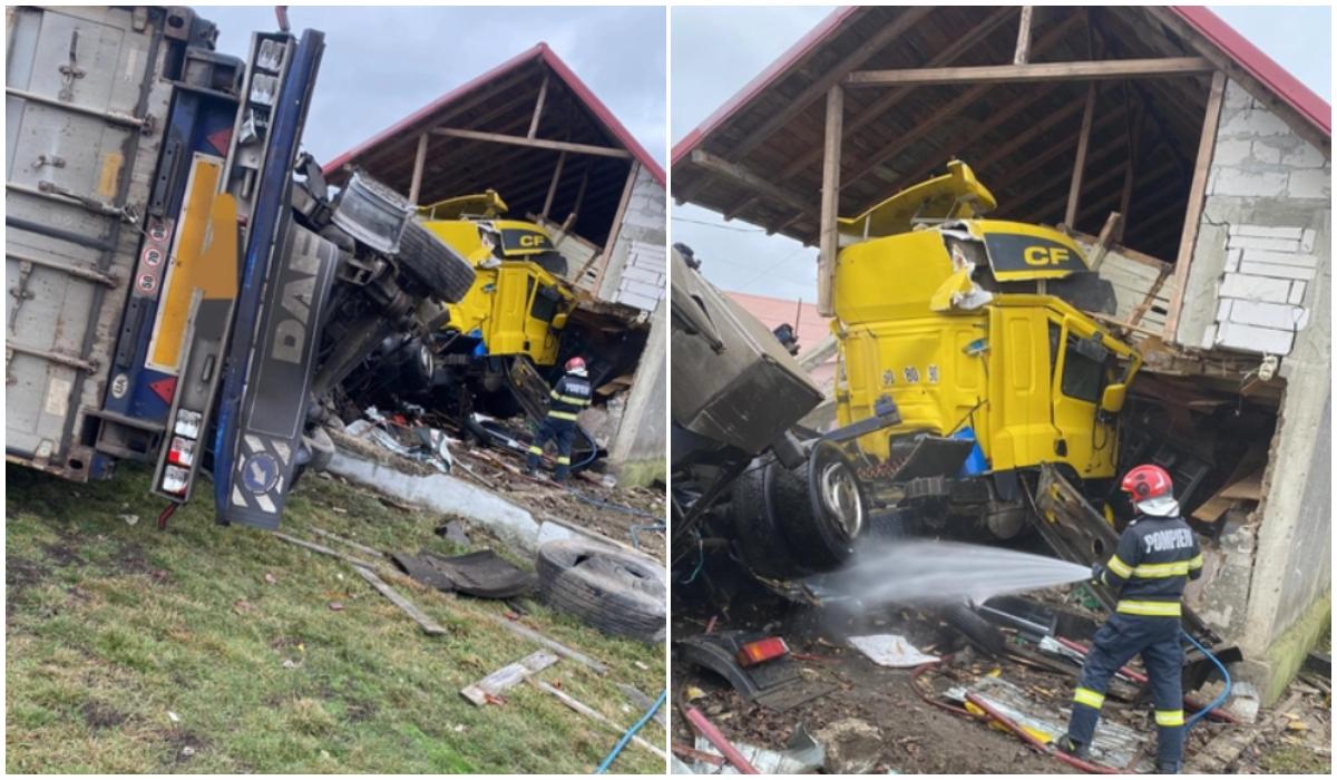 Un camion scăpat de sub control s-a oprit într-o casă din Bacău