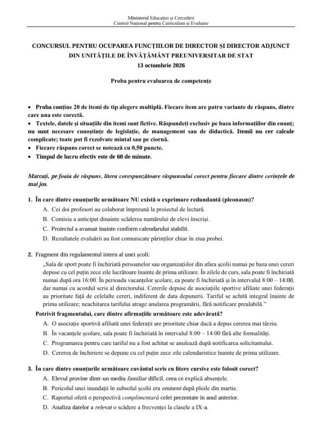 Subiecte și barem la concursul de directori 2026. Ce au avut de rezolvat candidații și când este proba scrisă