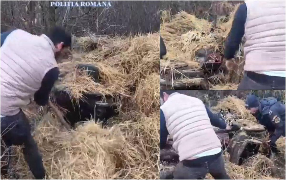 Momentul când poliţiştii din Bacău au dat peste un ATV furat într-o căpiţă de fân. Au pus mâna pe furcă