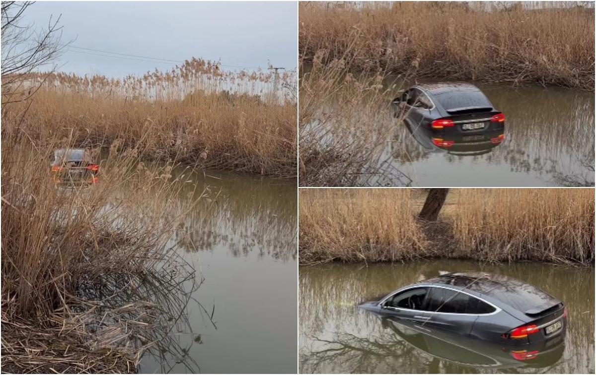 A plonjat cu Tesla în canal. Șoferul nu își amintește cum a ajuns în apă
