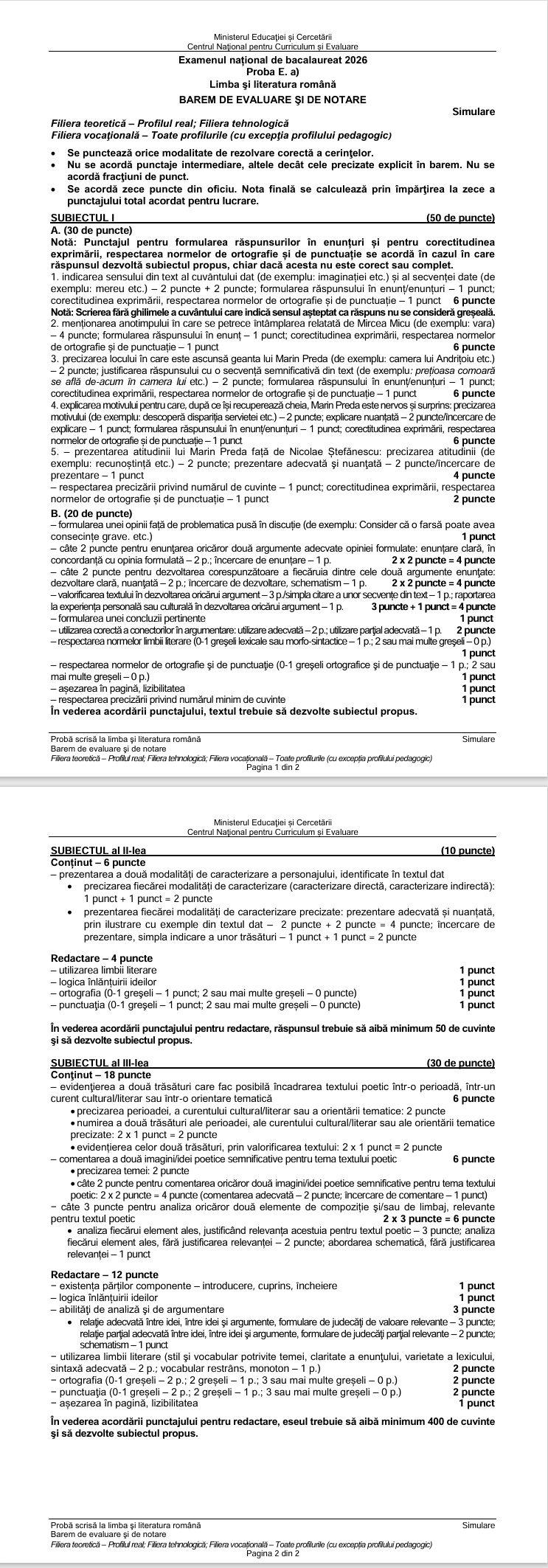 Barem simulare Bacalaureat la Limba Română 2025. Cum trebuiau rezolvate subiectele