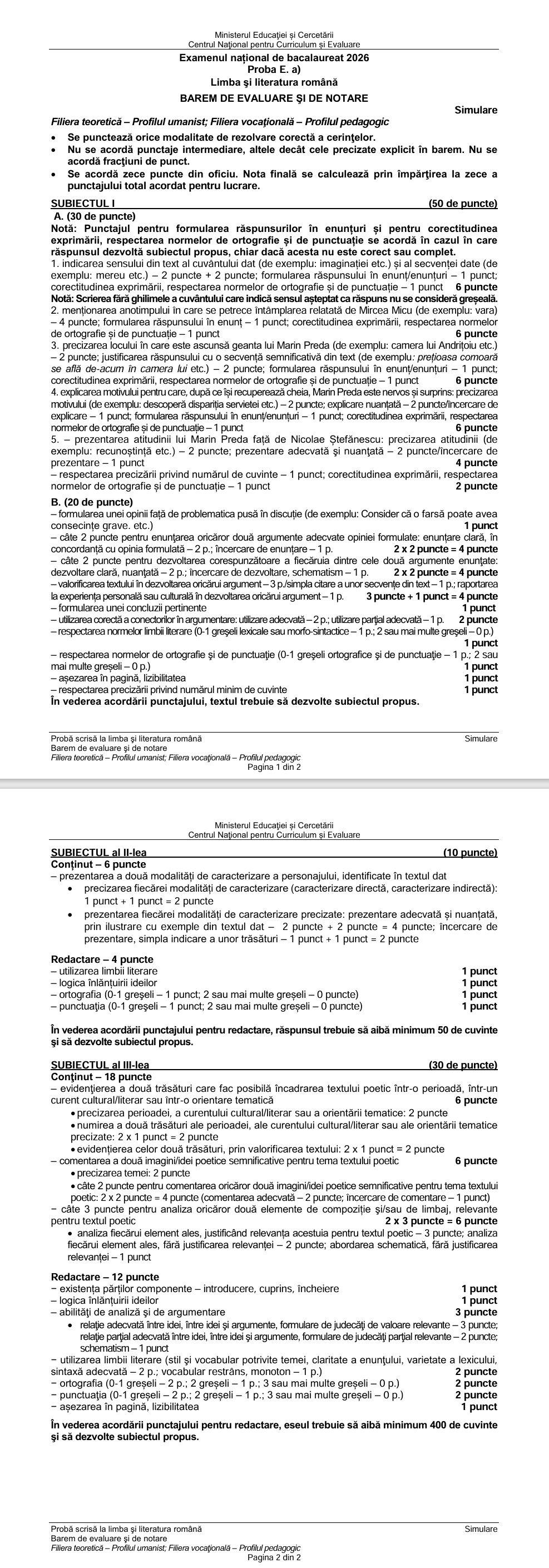 Barem simulare Bacalaureat la Limba Română 2025. Cum trebuiau rezolvate subiectele