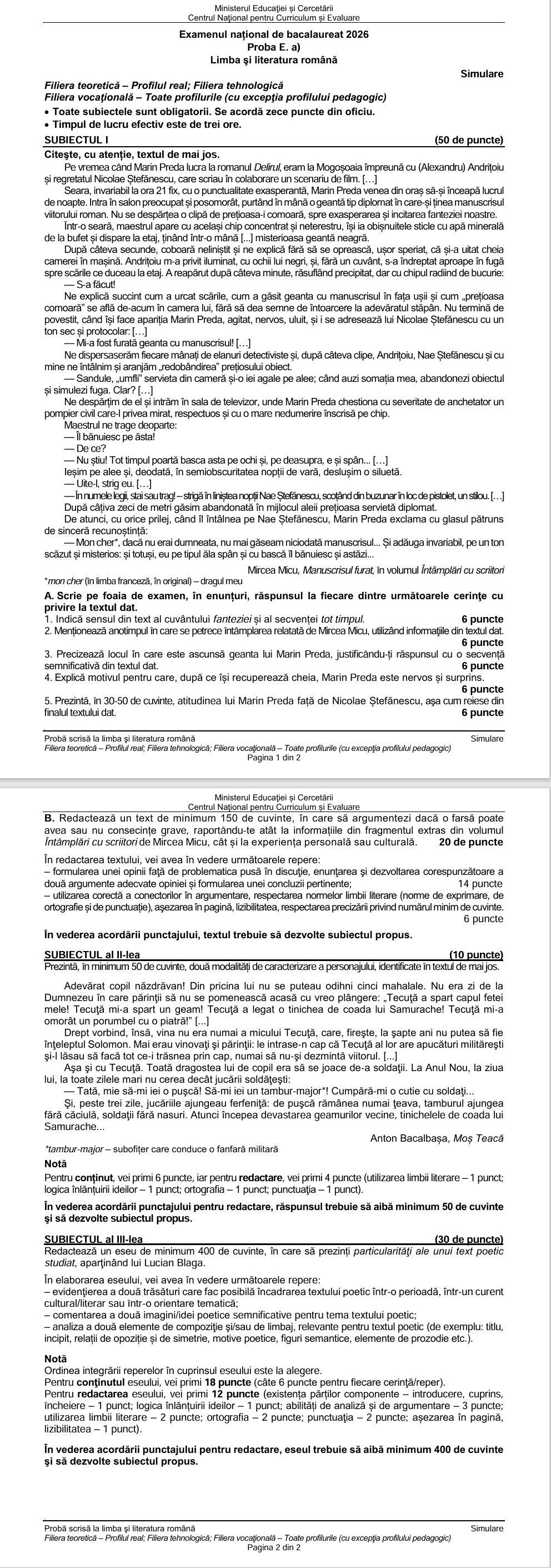 Barem simulare Bacalaureat la Limba Română 2025. Cum trebuiau rezolvate subiectele