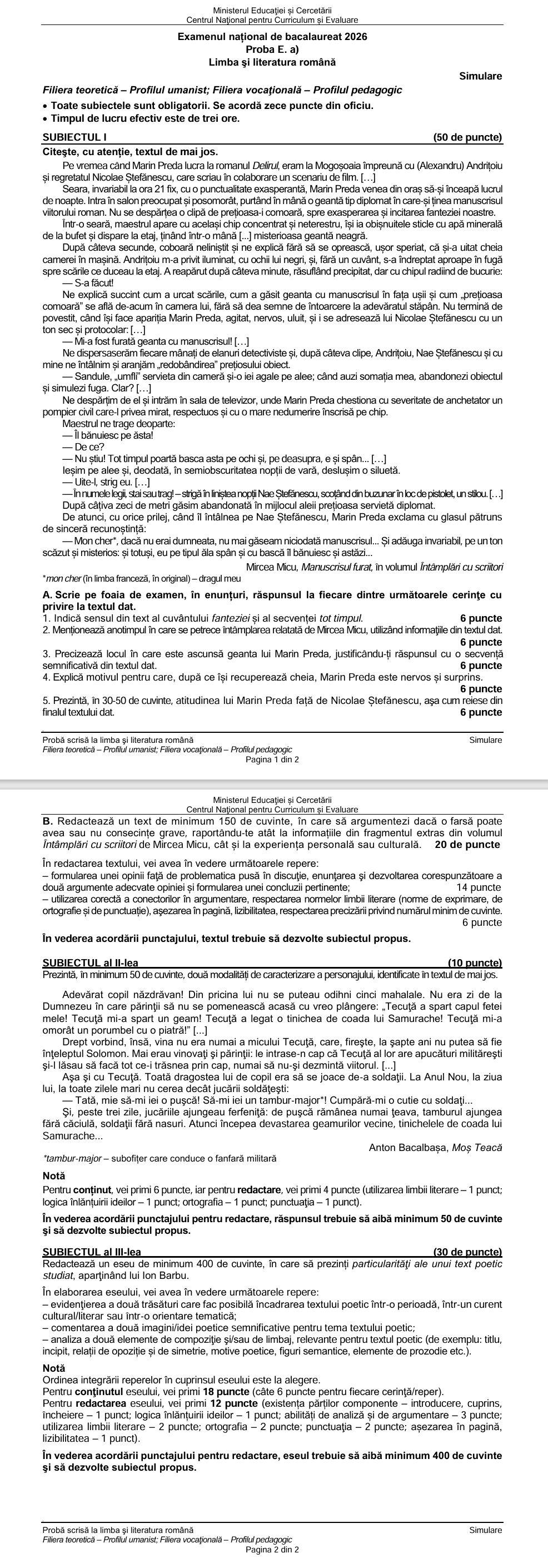 Barem simulare Bacalaureat la Limba Română 2025. Cum trebuiau rezolvate subiectele